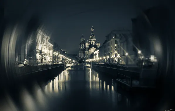 Water, night, bridge, the city, lights, Peter, Saint Petersburg, Church