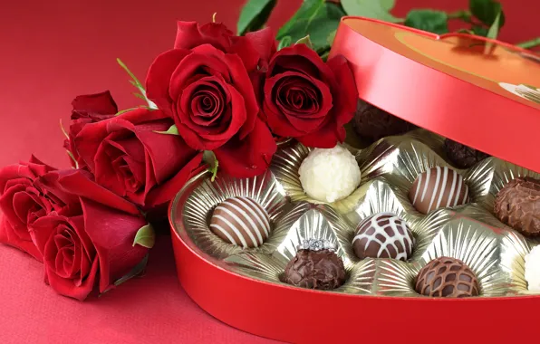 Picture drops, flowers, chocolate, beauty, bouquet, colors, candy, red