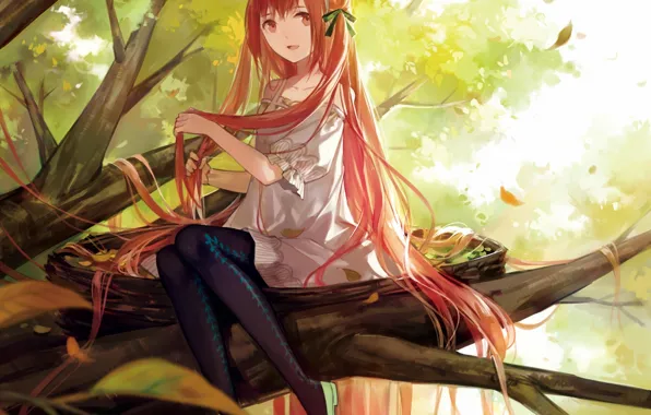Leaves, girl, nature, tree, branch, anime, art, cotta