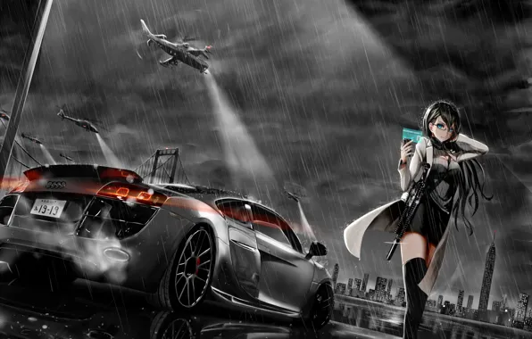 Machine, the sky, girl, clouds, rain, audi, helicopters, anime