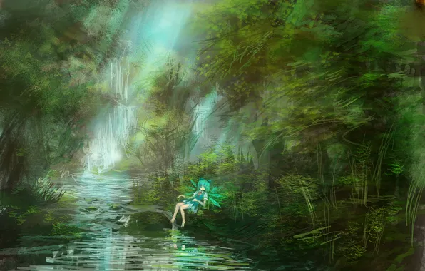 Forest, girl, nature, river, waterfall, wings, anime, art