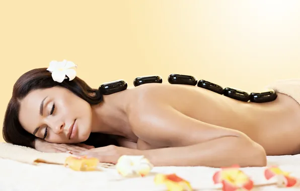 Girl, flowers, Spa, pebbles, massage, procedure