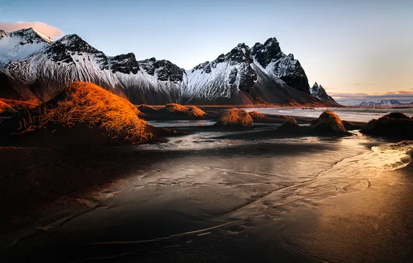 The sky, grass, mountains, Iceland, Vestrahorn, Stockksness, black sand