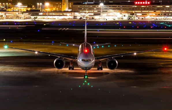 Picture night, lights, the airfield, Boeing 777-300ER