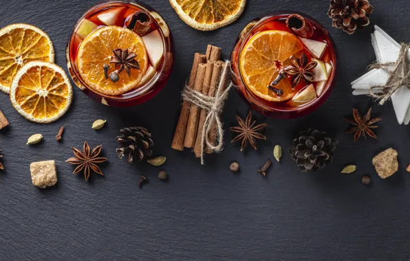 Stars, tea, oranges, Cup, New year, sugar, cinnamon, bumps