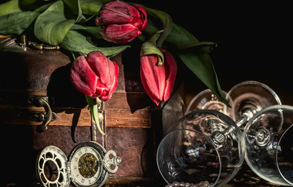 Flowers, style, watch, necklace, glasses, tulips, still life, chest