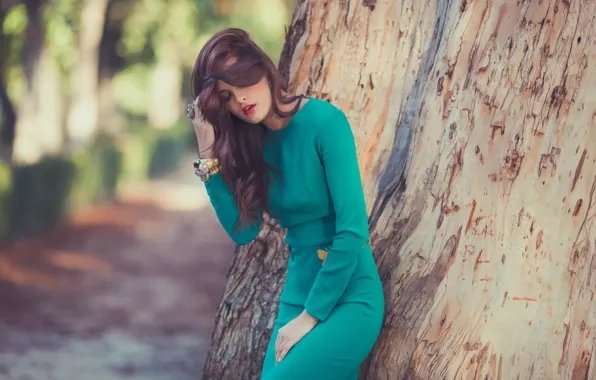 Girl, pose, tree, dress, bracelets