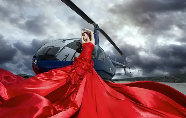 Picture girl, dress, helicopter