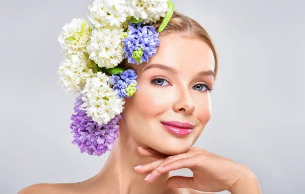 Look, girl, flowers, face, smile, background, hand, portrait