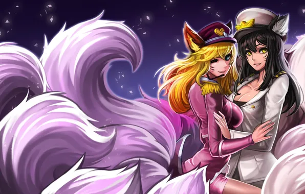 Girls, art, ears, caps, league of legends, tails