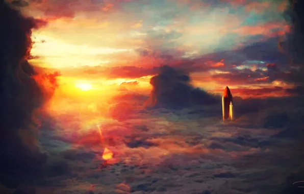 Sunset, The sky, Clouds, Figure, Rocket, Clouds, Art, Art