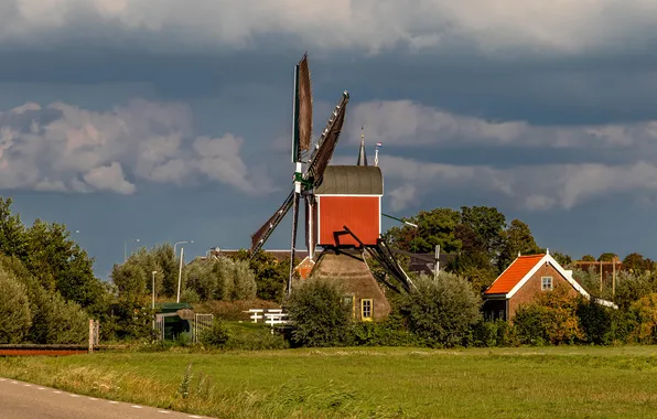 Road, field, summer, the sky, clouds, trees, village, houses