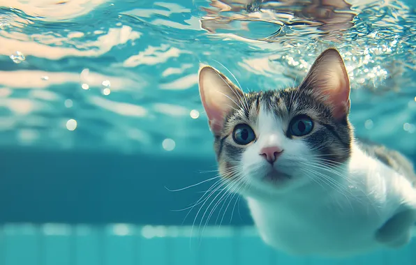 Cat, look, water, pose, kitty, pool, bathing, face