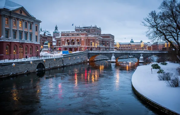 Winter, bridge, the city, river, photo, Sweden, water channel, Stockholm