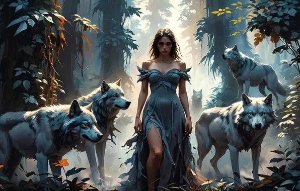 Picture girl, fantasy, wolves, AI art