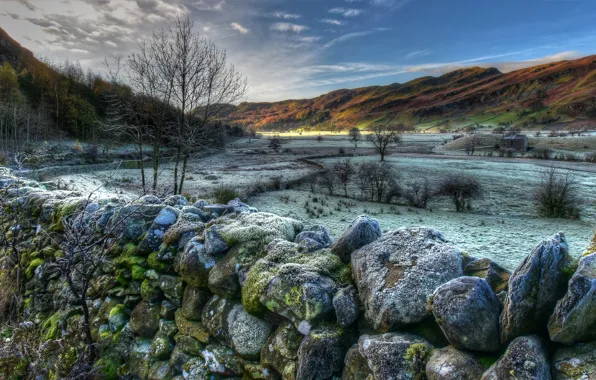 Winter, field, snow, trees, mountains, stones, hills, England