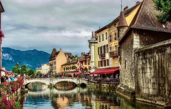 Picture mountains, bridge, river, France, building, home, France, Annecy