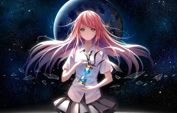 Picture girl, space, stars, earth, watch, planet, anime, art