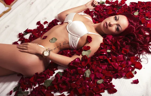 PETALS, GIRL, LOOK, BRA, RED, WATCH, FIGURE, ROSES