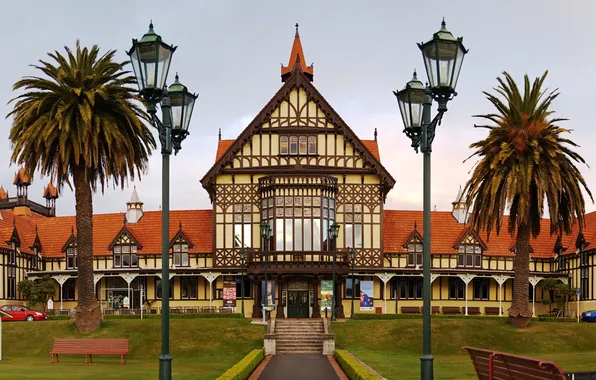 The city, palm trees, New Zealand, lantern, Museum, New Zealand, museum, Rotoroa