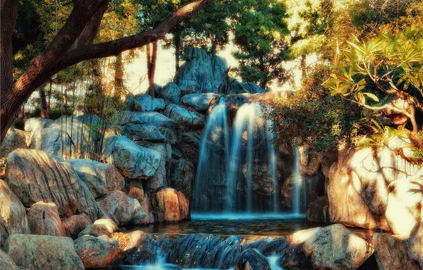 Trees, Park, stream, stones, waterfall, treatment