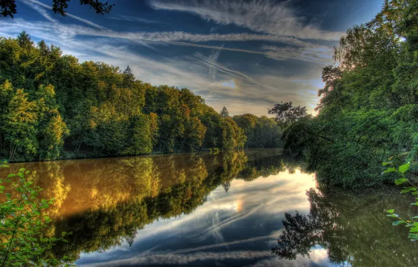 Picture the sky, clouds, landscape, nature, reflection, HDR, river Germany, Hessen Lich