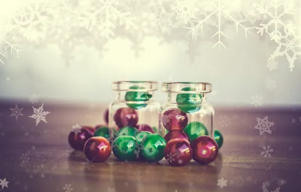 Macro, snowflakes, bubbles, beads, bottle