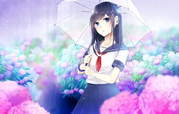 Girl, flowers, rain, umbrella, hydrangea