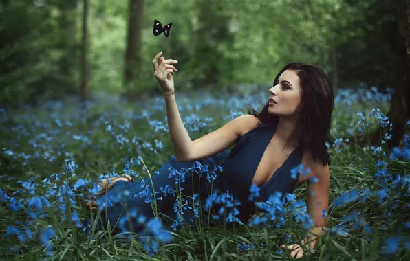 Forest, girl, flowers, butterfly