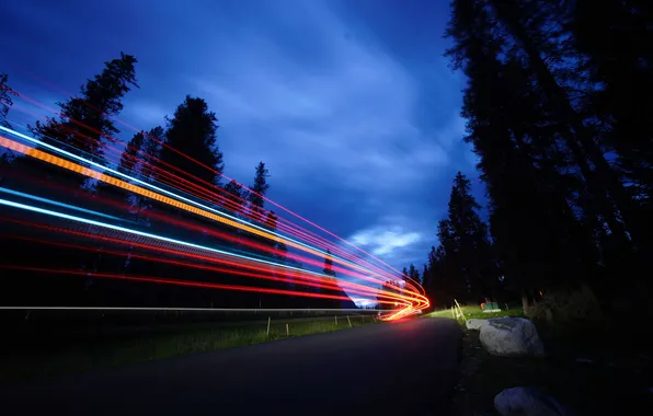 Road, forest, the sky, clouds, night, forest, road, sky