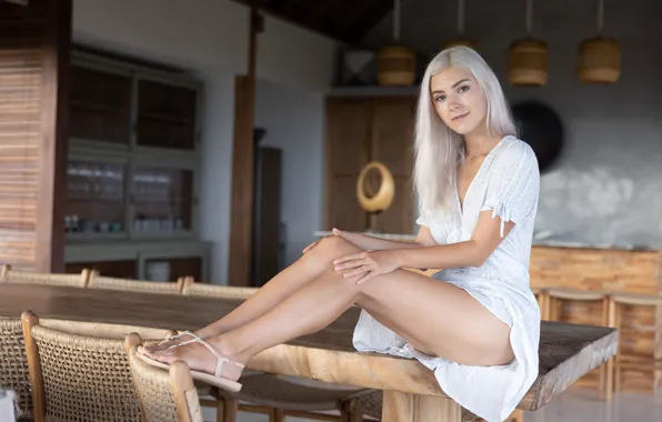 Hot girl, model, sexy woman, table, photoshoot, posing, chairs, sandals