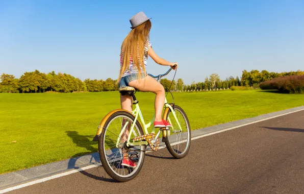 Girl, grass, bicycle, road, shorts, sky, long hair, legs