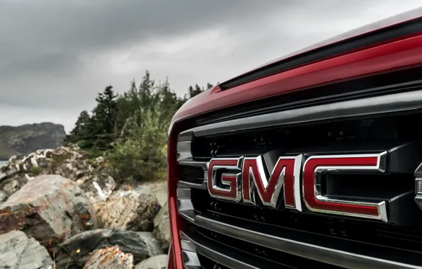 Red, grille, pickup, GMC, Sierra, AT4, 2019