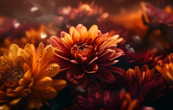 Drops, macro, light, flowers, bright, bouquet, red, orange