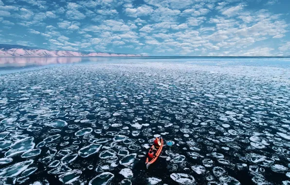 Ice, winter, the sky, clouds, snow, mountains, lake, blue