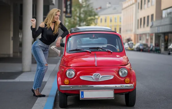 Road, machine, auto, girl, pose, jeans, shoes, Fiat