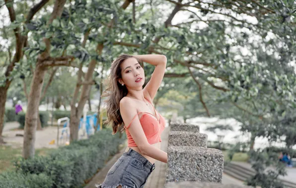 Picture look, trees, pose, Park, model, shorts, portrait, makeup