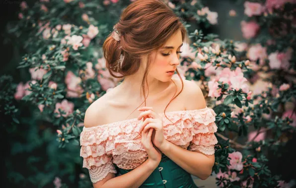 Girl, flowers, branches, nature, neckline, profile, brown hair, shoulders