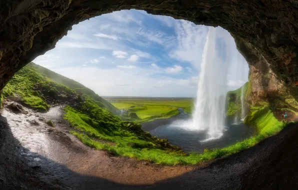 People, rocks, waterfall, arch, cave, arch, tourists