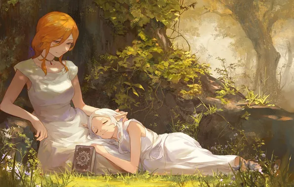Girls, tree, elf, fantasy, book, Sousou no Frieren, Freeze, Flame