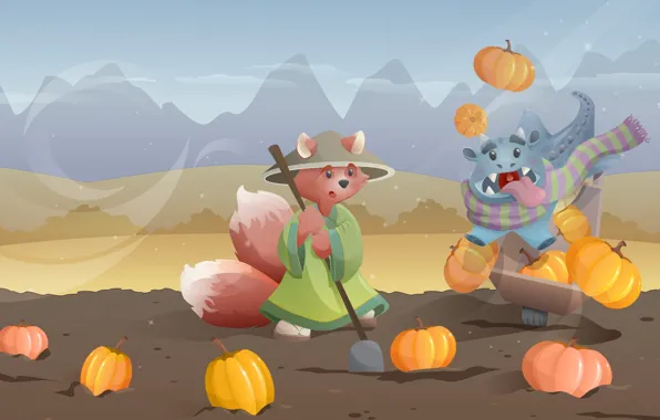 Animals, mountains, Wallpaper, dinosaur, pumpkin, Fox, truck, shovel