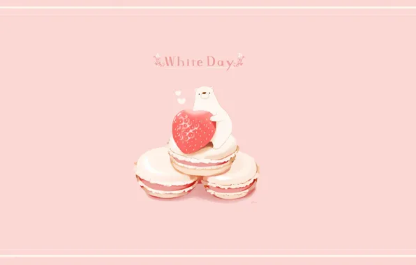 Cookies, strawberry, hearts, polar bear, pink background, macaroni, white day