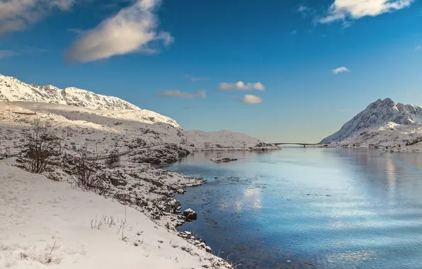 Winter, the sky, snow, mountains, river