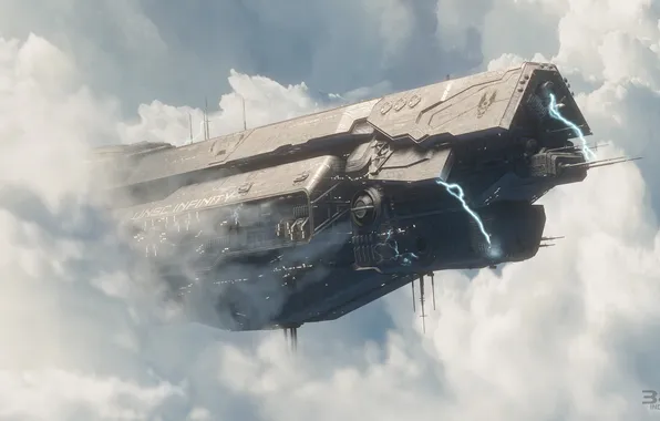 Picture the sky, clouds, Halo 4, space ship, UNSC Infinity