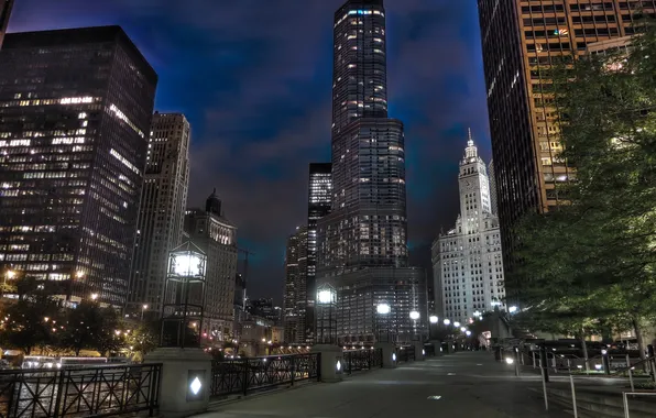 Night, lights, skyscrapers, Chicago, lights, USA, America, Chicago