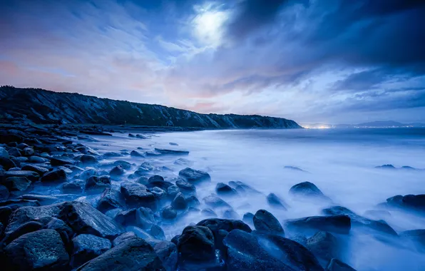 Sea, clouds, night, lights, stones, the moon, shore