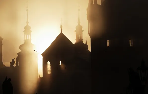 Picture the sun, the city, fog, dawn, building, tower, Prague, Czech Republic