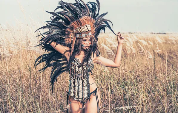 Summer, girl, face, style, feathers, Asian, headdress