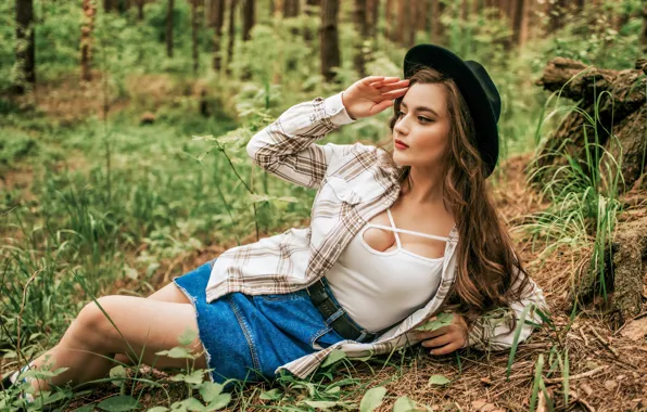 Forest, girl, pose, hand, hat, long hair