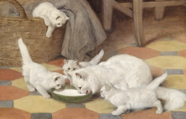 Cat, picture, family, art, kittens, white, fluffy, Mother and Kittens Drinking Milk